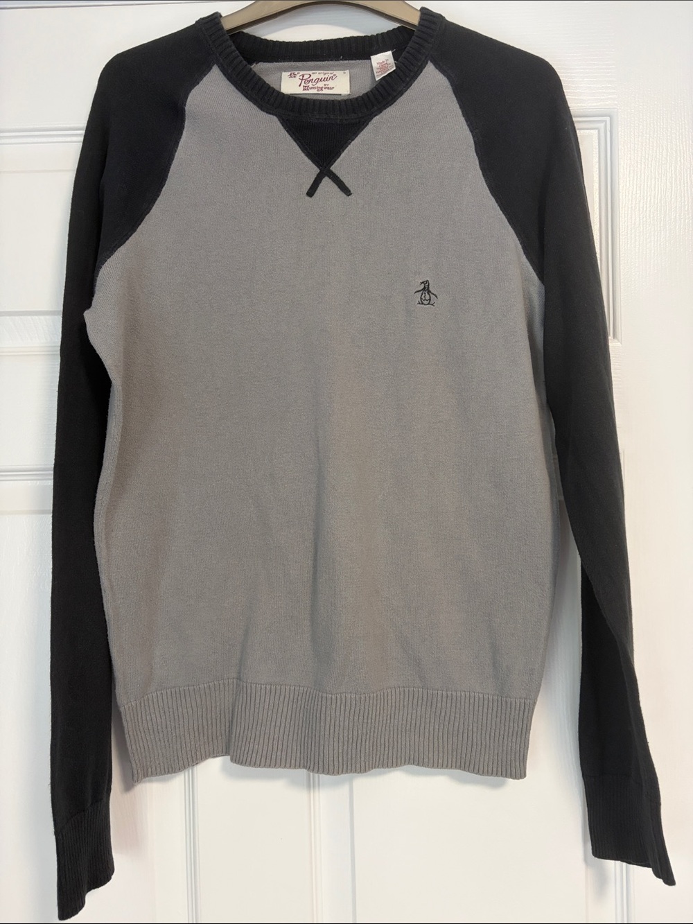 Original Penguin Men's Gray Crewneck Sweater with Black Sleeves
